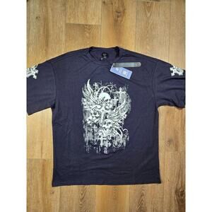 Romwe Skulls Print T Shirt Mens Medium 38 Black White Graphic Gothic Punk